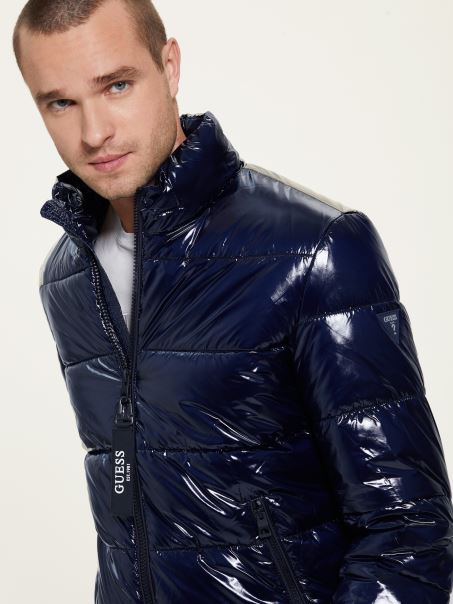 Guess Jachetă Pufă Elegantă Lichidă Albastră