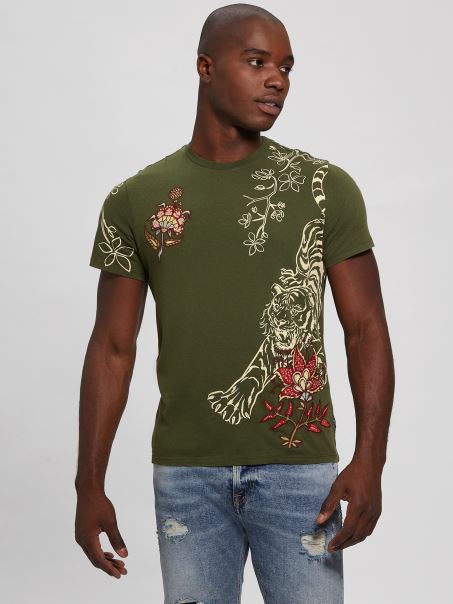 Tricou Brodat Floral Multi Tigru Verde Peyote Guess