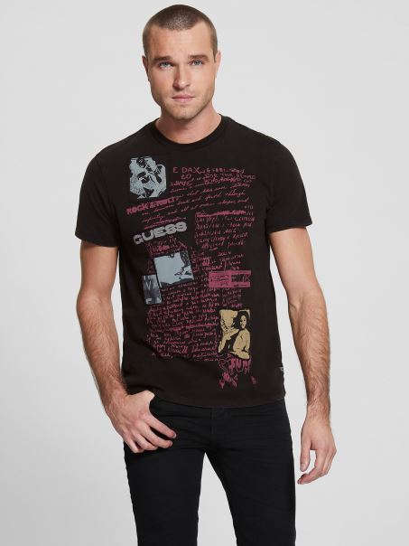 Tricou Negru Jet Cu Mai Multe Logo-uri Guess