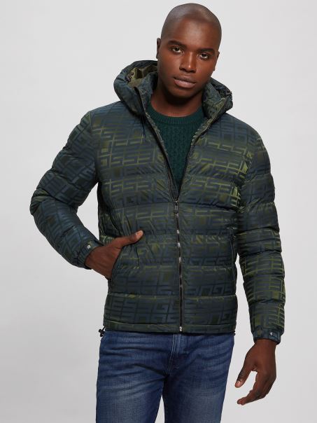 Jachetă Pufă Cu Logo-ul Guess Din Jacquard Cu Logo Albastru/verde