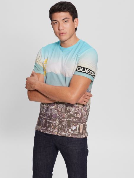 Tricou Alb Pur Multi Eco Tokyo Cityscape Guess