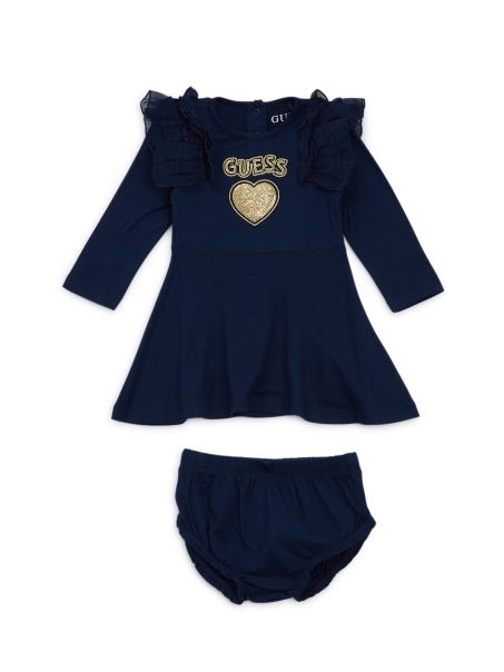 Set Rochie Cu Logo-ul Inimii Cu Paiete Guess Si Set De Flori (0-24 M) Secret Blue