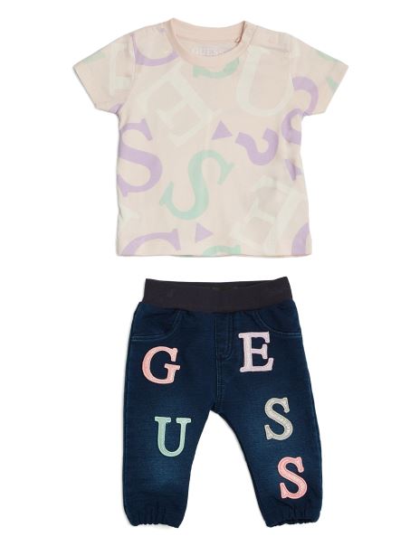 Set De Tricou și Pantaloni Din Denim Purpuriu Cu Logo G (3-24 M) Guess