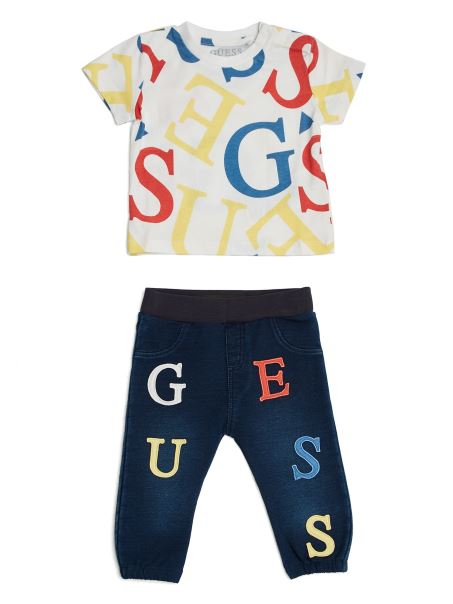 Set Tricou Cu Logo și Pantaloni Din Denim (3-24m) Guess White Allover G
