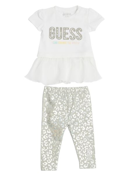 Set Tricou și Jambiere Cu Logo Leopard Irizat (3-24 M) Alb Pur Guess