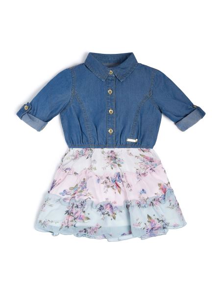 Guess Rochie Combinată Din Cambray și Sifon, Albastru Strălucitor Vintage (2-7)