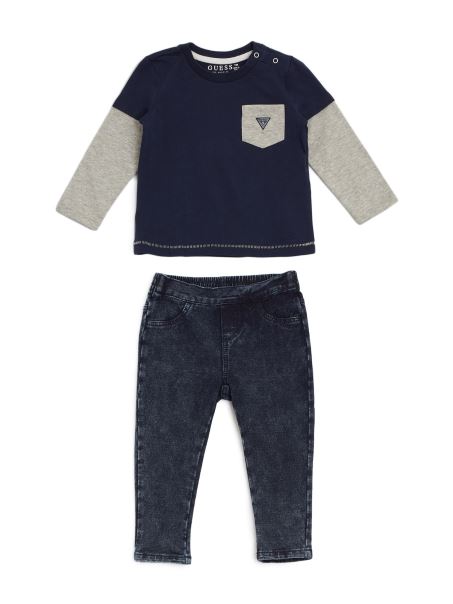 Set Tricou Cu Mânecă Lungă și Jegging Cu Logo (0-24 M) Guess Deck Blue