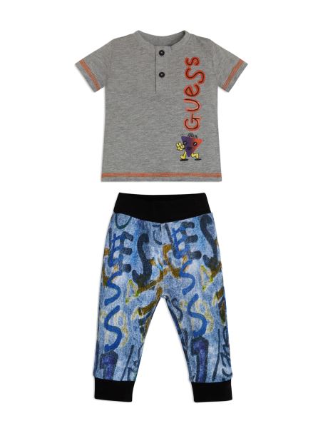 Set Tricou și Pantaloni Cu Logo Gri Deschis (0-24 M) Guess